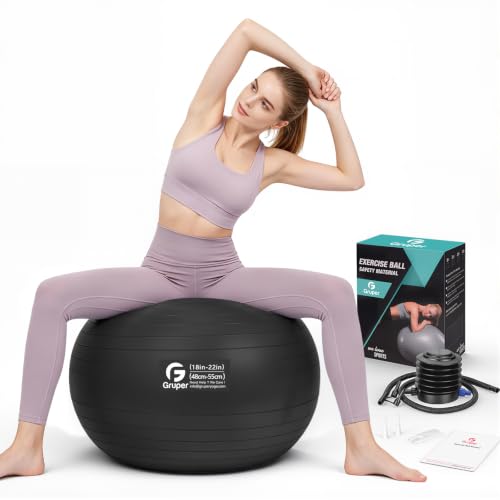 Gruper Exercise Ball, 45cm-75cm Extra Thick Yoga Ball for Working Out - color: black, size: M(22IN/55cm)