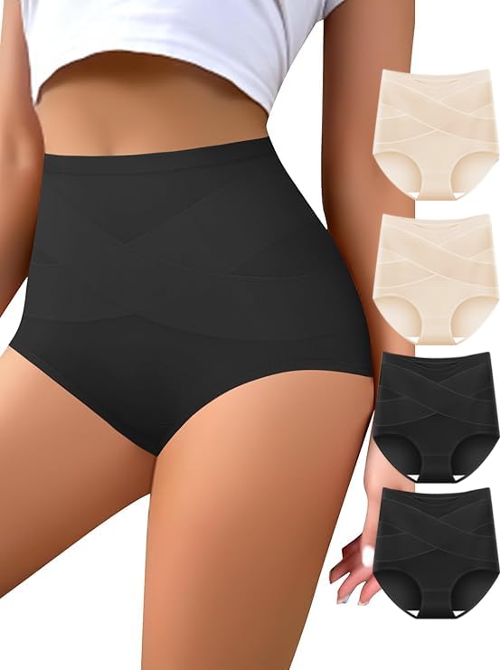 Women's High Waisted Underwear Slightly Tummy Control Cotton Panties Full Coverage Postpartum Briefs 4 Pack - color: Multicolor-black&rose Beige, size: Large