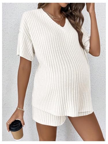 MakeMeChic Women's Maternity 2 Piece Sets Ribbed Shirt and Biker Shorts - color: White, size: Small
