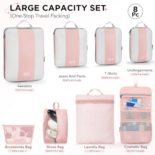 OlarHike 8 Set Compression Packing Cubes for Travel Essentials,Compressible Expandable Space Saver Bags for Organizing Clothes,Luggage Suitcase Garment Bags with Over 1000 pcs Mesh Holes(Pink) - color: Pink