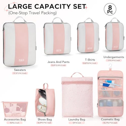 OlarHike 8 Set Compression Packing Cubes for Travel Essentials,Compressible Expandable Space Saver Bags for Organizing Clothes,Luggage Suitcase Garment Bags with Over 1000 pcs Mesh Holes(Pink) - color: Pink