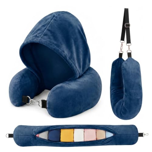 Stuffable Travel Neck Pillow with Hood, Soft Velvet Fabric,Blue - size: Type F