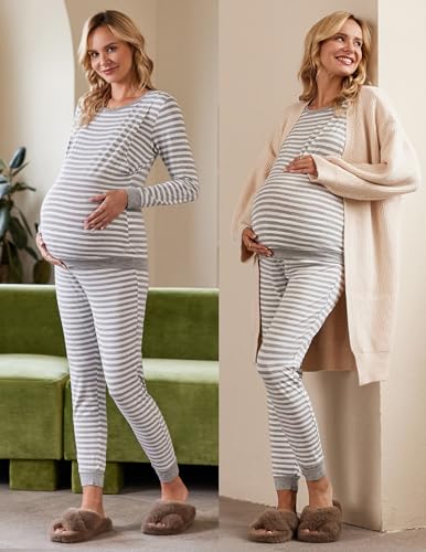 Ekouaer Nursing Pajamas Set Long Sleeve Maternity Clothes Thermal Underwear - color: Ash Light Gray Stripe, size: Medium