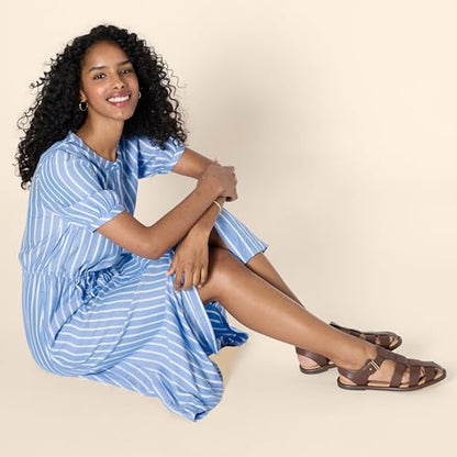 Amazon Essentials Women's Relaxed Fit Half-Sleeve Breathable Button Front Drawstring Waist Midi A-Line Dress with Pockets - color: French Blue/White Stripe, size: X-Large