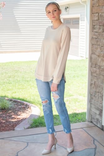 OFEEFAN Womens Sweatshirt Crewneck Long Sleeve Shirts High Low Tops Curved Hem - color: C-khaki, size: Medium
