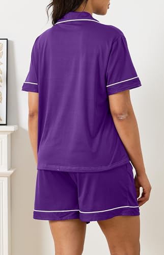Vopmocld Women Pajama Shorts Sets Cozy 2pcs Button Down Sleepwear Solid PJS - color: Bright Purple, size: Large