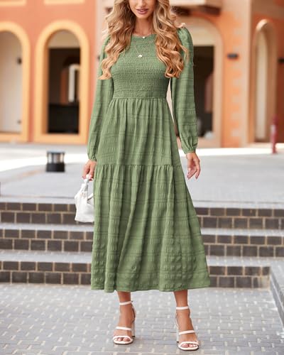 dowerme Women's Dresses 2026 Spring Puff Long Sleeve Crewneck Smocked Tiered Flowy A-Line Boho Wedding Party Maxi Dress - color: Bean Green, size: X-Large