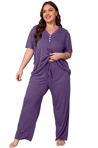 Vozanet Women's Plus Size Pajama Sets V Neck Pants Sets Solid Color Button Sleepwear Soft Loungewear Nighty with Pockets - color: Bright Purple, size: 4X-Large