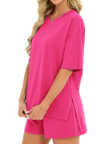 Women's 2 Piece Short Sets Loose Lounge Sets Summer Matching Sets - color: Pink, size: Small