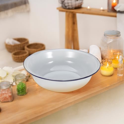Vintage Enamel Basin, Metal Foot Soaking Tub with Blue Rim