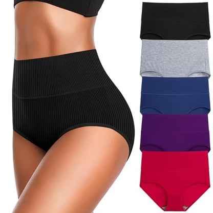 Women's High Waist Cotton Underwear Super Stretchy Briefs Full Coverage Panties Soft Women Panties 5-Pack - color: Dark-5pack, size: Medium-Large