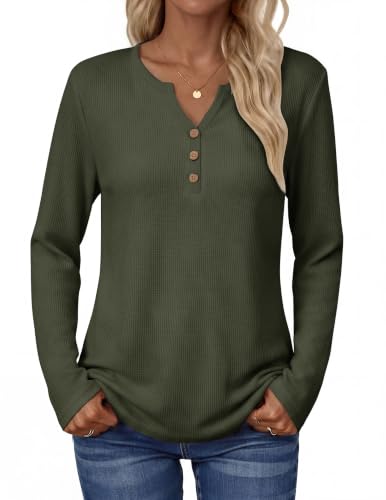 Zeagoo Women's Long Sleeve Waffle Knit Tops 2026 Fall Henley V Neck Shirts - color: Army Green, size: Large