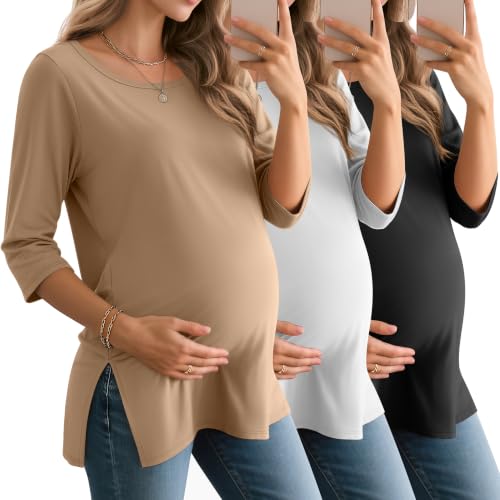 3 Pack Women's 3/4 Sleeve Maternity Loose Crewneck Tops - color: White, Khaki, Black, size: Small