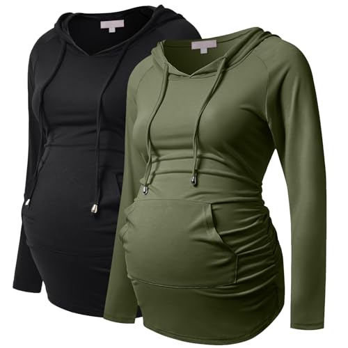 Bhome Maternity Hoodie Long Sleeves Shirt Casual Top Basic Tee Layering Sweatshirt - color: Black/Army Green, size: XX-Large