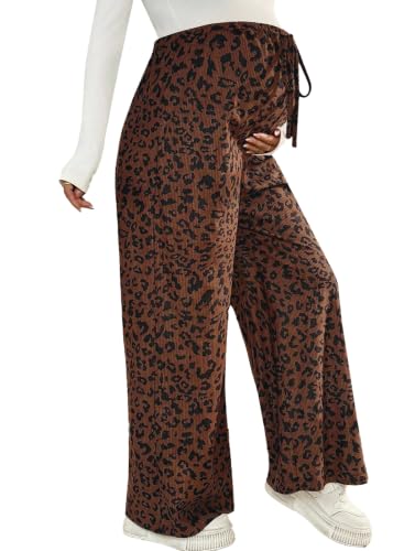 BLENCOT Maternity Pants Leopard Wide Leg Drawstring Pregnancy Trousers - color: Brown, size: Large