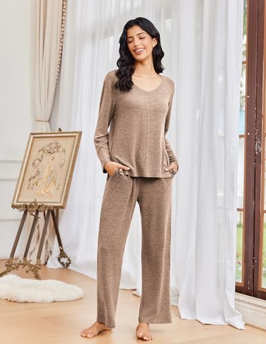 Ekouaer Fall Pajamas for Women Set Long Sleeve V Neck 2 Piece Lounge Sets - color: Brown, size: X-Large