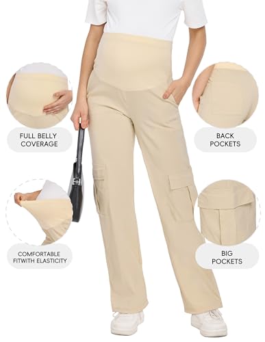 Maternity Quick-Dry Cargo Pants with 6 Functional Pockets - color: Khaki, size: Large
