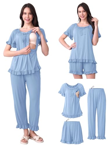 SUNNYBUY 3 PCS Ruffle Nursing Pajamas Set with Bow, Maternity Sleepwear - color: Sky Blue, size: Medium