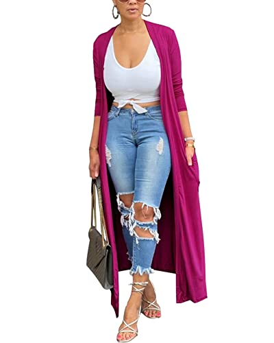 Adogirl Women's Lightweight Open Front Maxi Drape Cardigan With Pockets - color: Rose Red, size: XX-Large