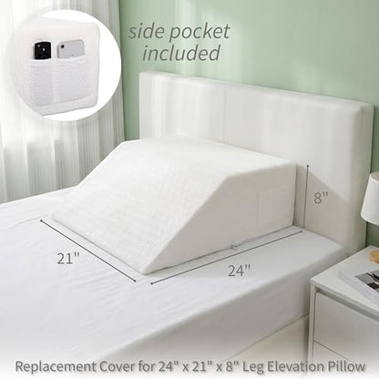 Wedge Pillow Cover for 24x21x8 Leg Elevation Cushion, Knee Pillow Cover, Hypoallergenic Replacement Pillowcase with Zipper & Pockets - color: White