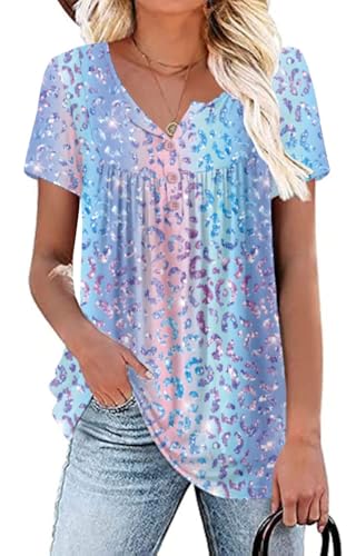 Womens Summer Plus Size Tops Blouses Short Sleeve Shirts Lace Pleated Tunic Tops M-4XL - color: A 02-122-leopard, size: Medium