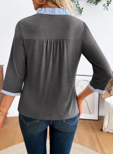 EVALESS Womens Tops Striped Colorblock V Neck 3/4 Sleeve Blouses Tunics - color: Grey, size: Medium