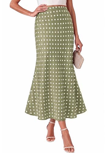 BTFBM Silk Midi Skirts for Women 2026 Summer Fall - color: Dot Green White, size: Small