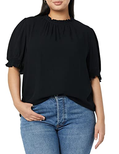 Amazon Essentials Women's Fluid Twill Short Puff Sleeve Ruffle Smock Detail Blouse - color: Black, size: Medium