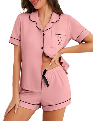Womens Pajamas Shorts Set 2 Piece Button Down Pj Tops Lounge Sets - color: Pink, size: Medium