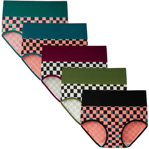 INNERSY Women's High Waisted Underwear Cotton Panties Regular & Plus Size 5-Pack - color: Chessboard, size: Large