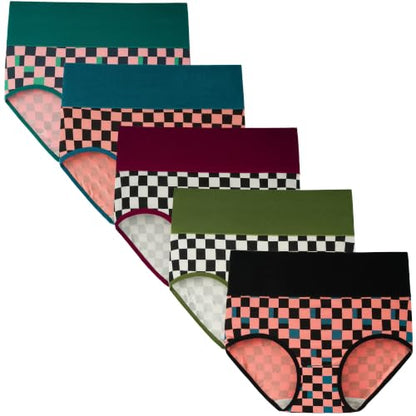 INNERSY Women's High Waisted Underwear Cotton Panties Regular & Plus Size 5-Pack - color: Chessboard, size: Large