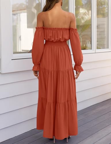 ZESICA Womens Fall Long Sleeve Boho Off Shoulder Maxi Dresses - color: Rust, size: Large