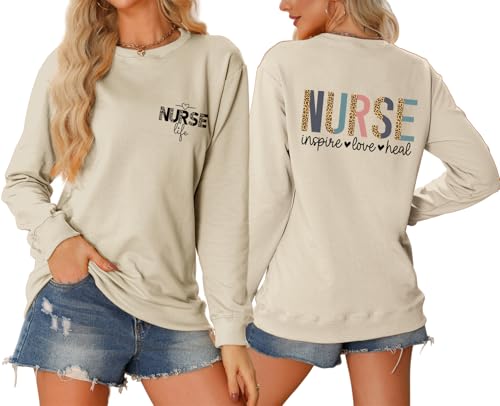 Nurse Sweatshirts for Women Nurse Inspire Love Heal Inspirational Pullovers - color: Khaki, size: Medium