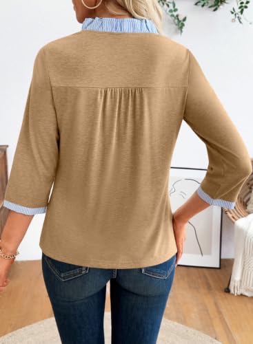 EVALESS Womens Tops Striped Colorblock V Neck 3/4 Sleeve Blouses Tunics - color: Clay, size: Medium
