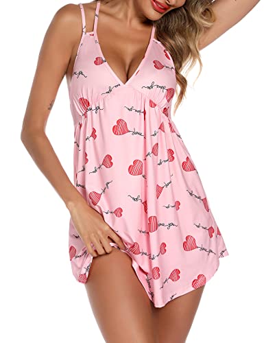 Senert Women's Sexy Lingerie Dress Slip Babydoll Chemise Nightgown Soft Sleepwear Bridal Nightie S-XXL - color: Pink Love, size: Medium