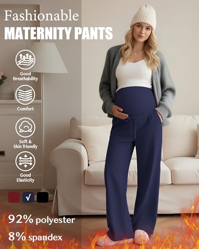 3 Pack Fleece Lined Maternity Sweatpants Lounge Pants - color: Black, Navy Blue, Wine Red, size: Small