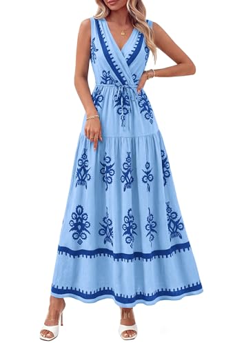 PRETTYGARDEN Womens Sleeveless Maxi Dress V Neck Floral Boho Beach Outfits - color: Blue, size: Medium