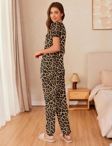 Ekouaer Pajamas for Womens Set Soft 2 Piece Loungewear with Jogger Pants - color: Brown Leopard Print, size: Large