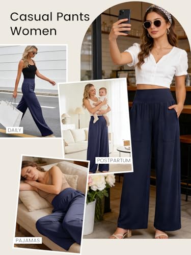 Wide Leg Pants Women Stretchy Sweatpants High Waisted Palazzo Pants - color: Blue, size: Large