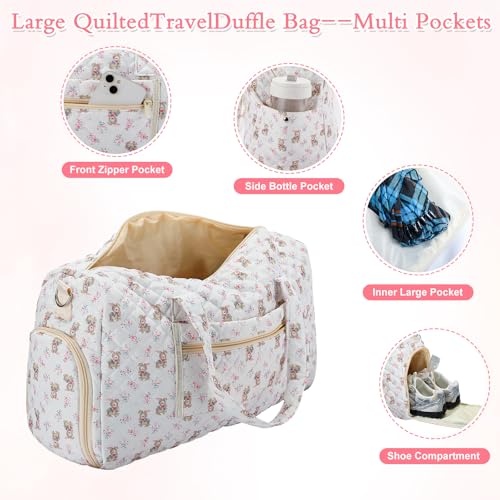 Bunny Quilted Duffle Bag with Shoe Compartment and Toiletry Pouch - color: Bunny
