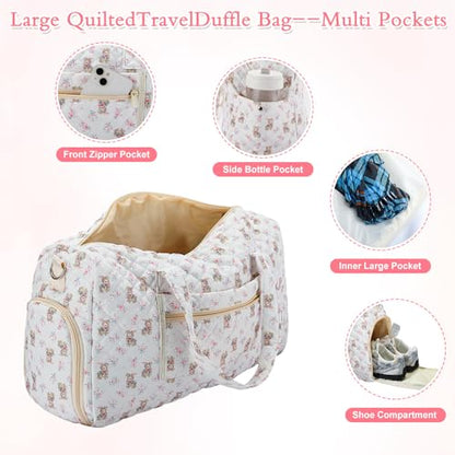 Bunny Quilted Duffle Bag with Shoe Compartment and Toiletry Pouch - color: Bunny