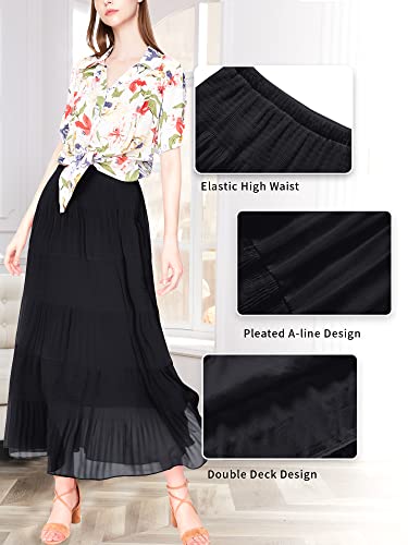 NASHALYLY Women's Chiffon Elastic High Waist Pleated A-Line Maxi Skirts - color: Black, size: 3X-Large