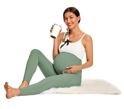JOYSPELS Smooth Feeling Maternity Workout Leggings with Pockets Pregnancy Pants Over The Belly - color: Greyish Green, size: Small
