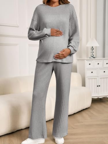 Yousify Womens Maternity Pajamas Sets 2 Piece Outfits Ribbed Knit Lounge Set - color: Grey, size: Medium