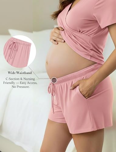 PATPAT 3-Piece Maternity Nursing Pajamas, Womens Lounge Set with Pockets - color: Light Pink, size: Small