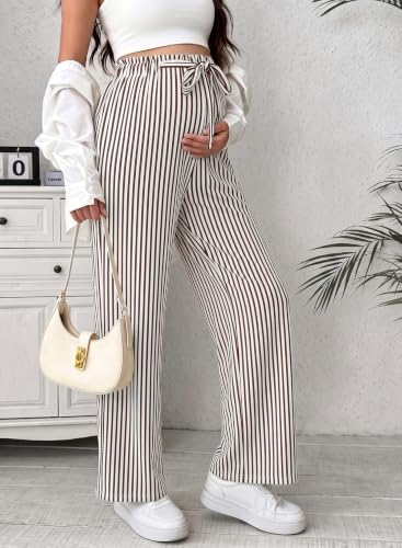 BLENCOT Striped Maternity Pants Tie Waist Fall Pregnancy Postpartum Outfits - color: Brown, size: Medium