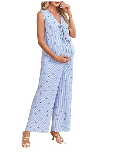 MakeMeChic Women's Maternity Summer 2 Piece Outfits Pregnancy Boho Vacation Striped Bow Top and Pants Set - color: Blue and White, size: Large