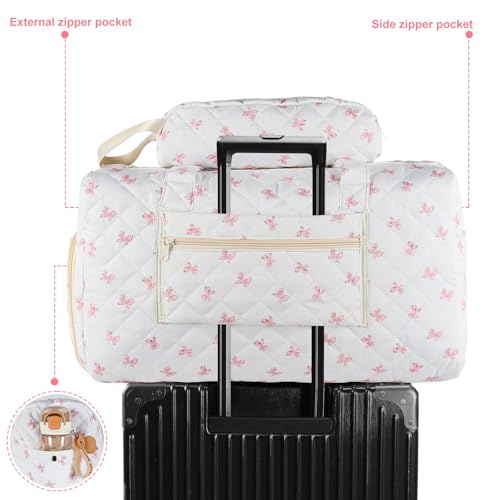 Quilted Duffle Bag for Women, Bow Print Weekender Overnight Travel Bag - color: Small Dot Print