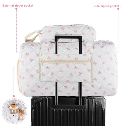 Quilted Duffle Bag for Women, Bow Print Weekender Overnight Travel Bag - color: Small Dot Print