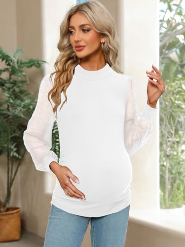 FMEYOA Women's Maternity Shirt Long Sleeve Top Mock Neck Blouse - color: White, size: Medium